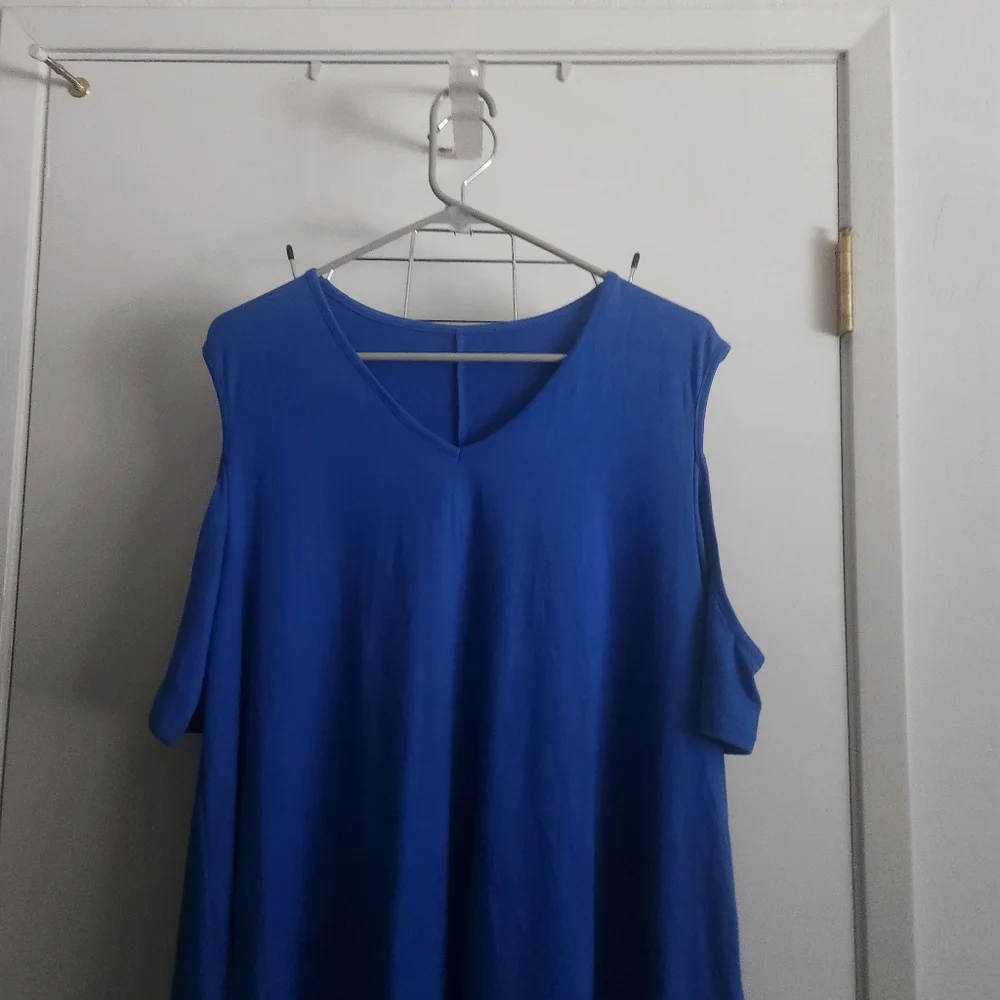 Blue V-Neck cold Shoulder  Women's Top